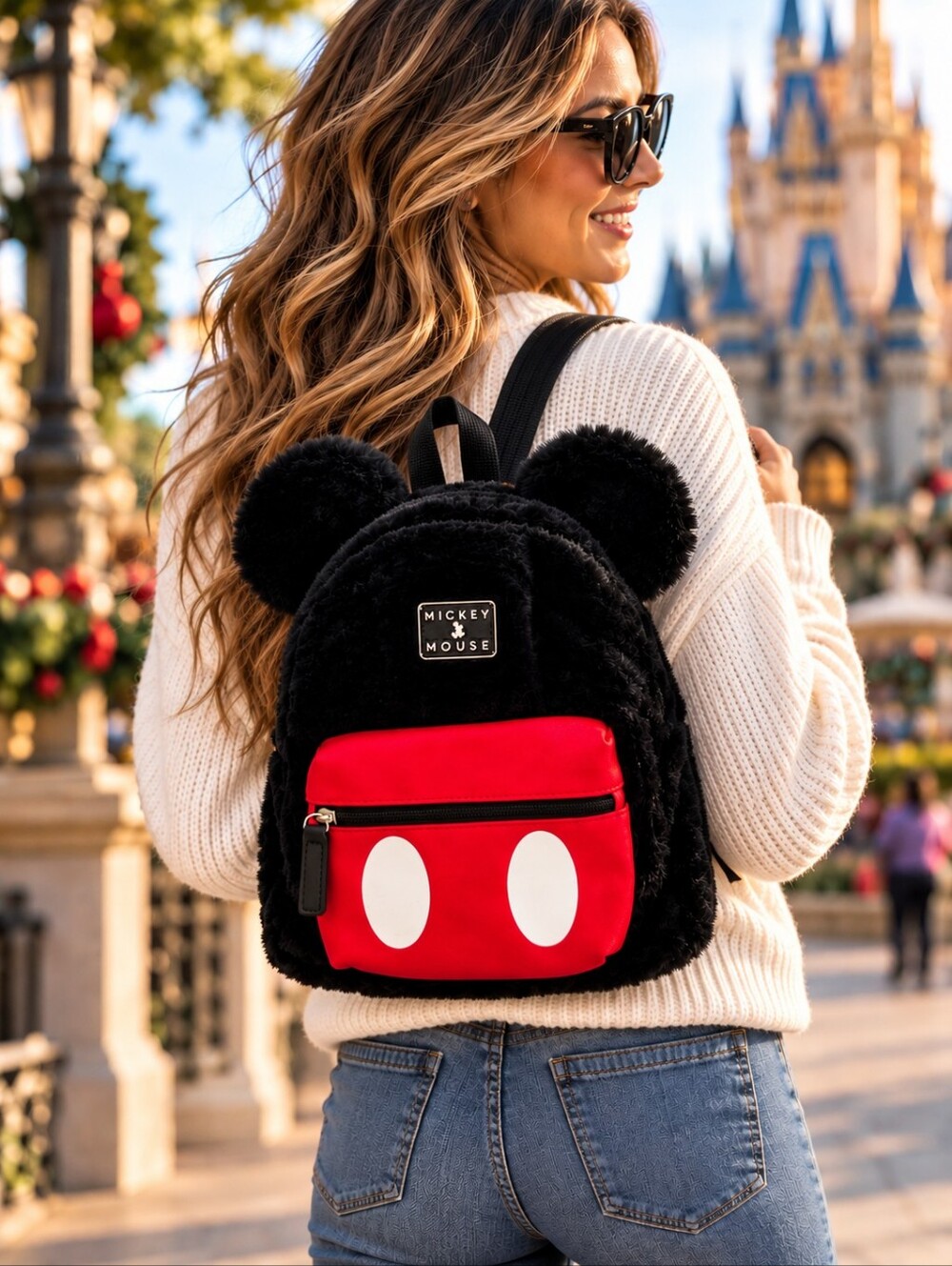 MICKEY MOUSE Backpack Black & Red Like New Faux Fur